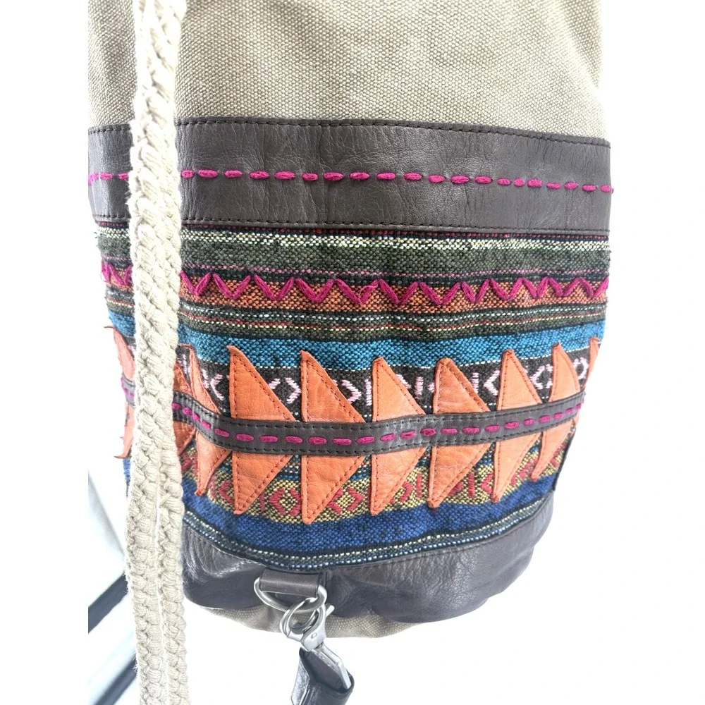 TOMS Canvas Drawstring Pouch Sak Bag Geometric Embroidered Boho Faux Leather